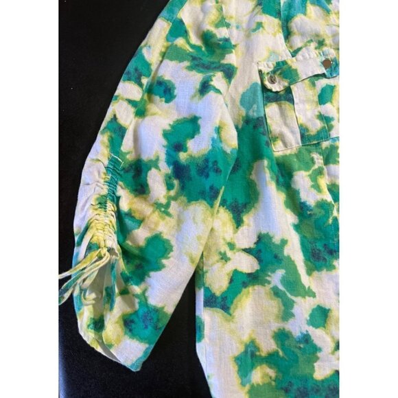 JM Collection 100% Linen Button Up Shirt Ruched Sleeve Colorful Floral Womens 12 - Picture 4 of 7